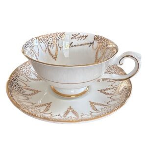 Vintage Royal Grafton/White&Gold/Happy Anniversary/Teacup & Saucer/Pattern 1355
